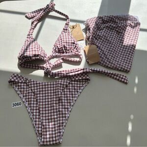 Rihoas Small Coffee Plaid Halter Bikini Sets 3 Piece With Coverup